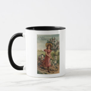 Girl Walking Lamb, Chick, and Rooster Mug