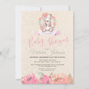 Girl Watercolor Baby Bear Woodland Floral Invitation