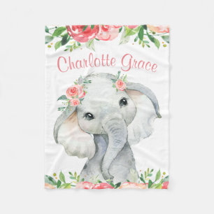 Girl Watercolor Floral Elephant Personalized Fleece Blanket