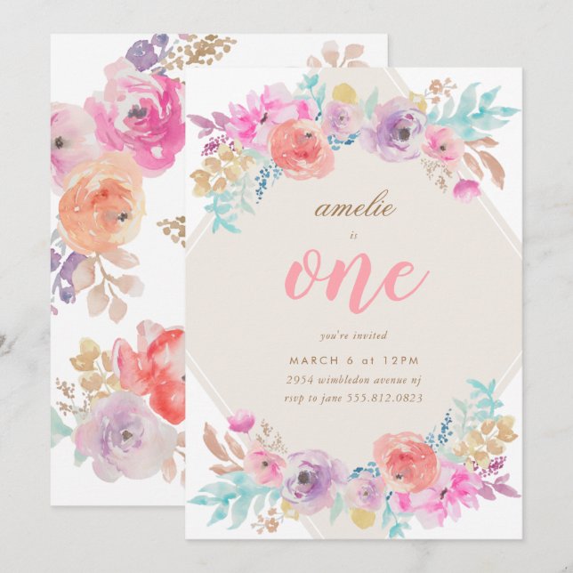 Girl Watercolor Flowers First Birthday Invitation (Front/Back)