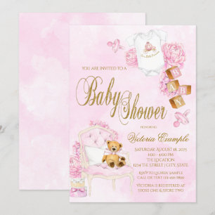 Girl Watercolor Pink Gold Baby Shower Invitation