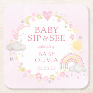 Girl Watercolor Rainbow Baby Sip And See Square Paper Coaster