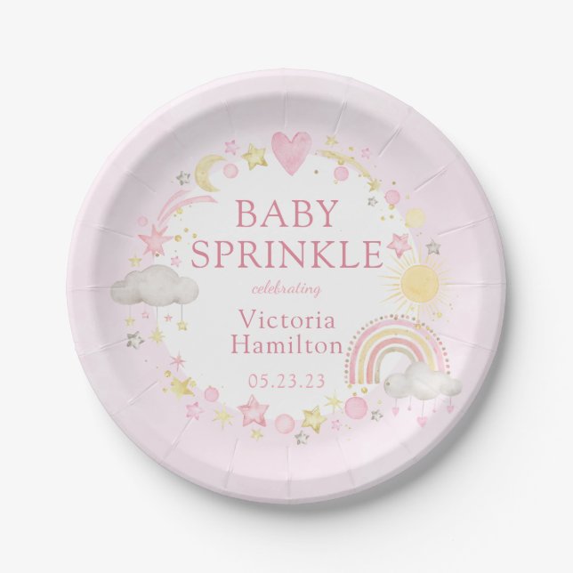 Girl Watercolor Rainbow Baby Sprinkle Paper Plate (Front)