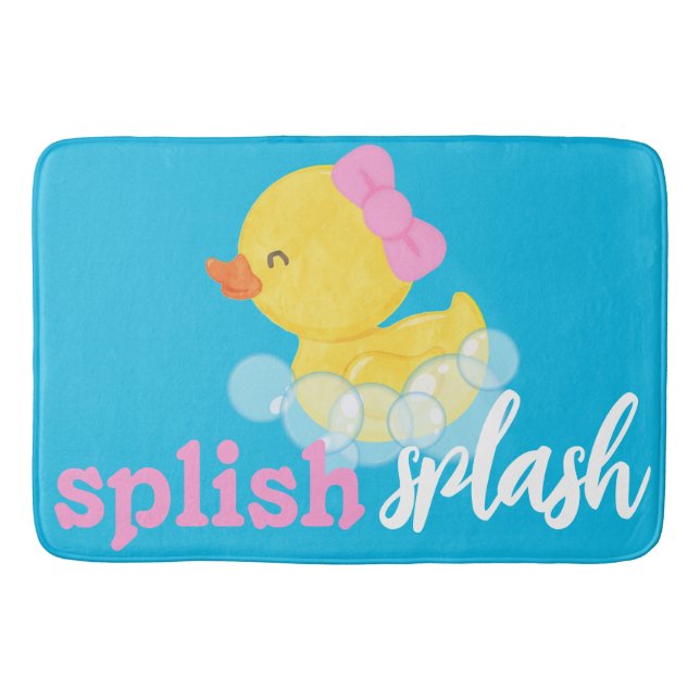Girl Watercolor Rubber Duck Splish Splash Blue Bath Mat (Front)
