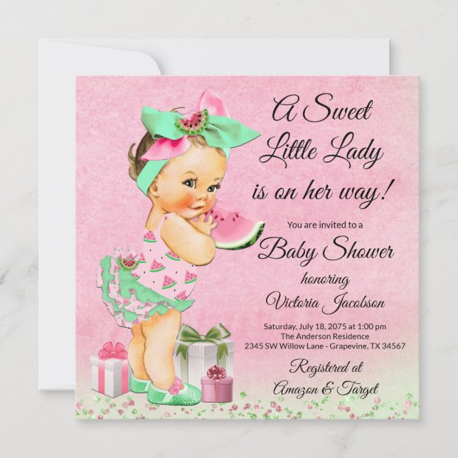 Girl Watercolor Watermelon Baby Shower Invitation (Front)