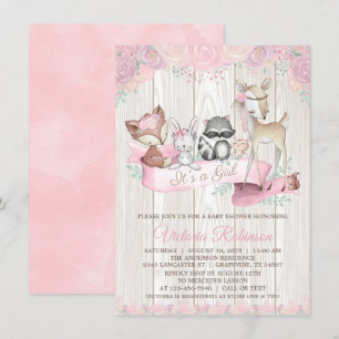 Girl Watercolor Woodland Animal Floral Baby Shower Invitation