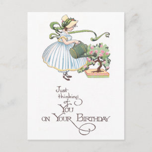 Girl Watering Bonsai Vintage Birthday Postcard