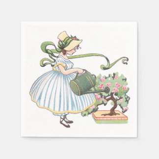 Girl Watering Bonsai Vintage Napkin