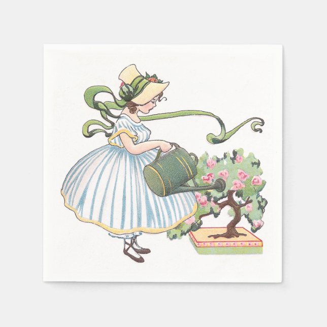 Girl Watering Bonsai Vintage Napkin (Front)