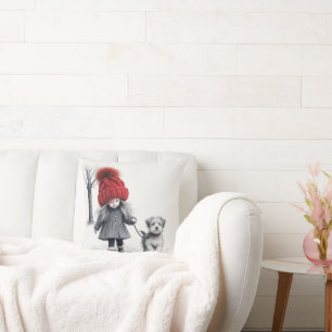 Girl Wearing 3D Knit Hat With Dog Throw Pillow