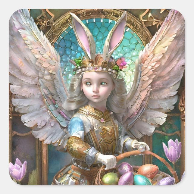 Girl Wearing Easter Bunny Angel Costume Square Sticker (Front)