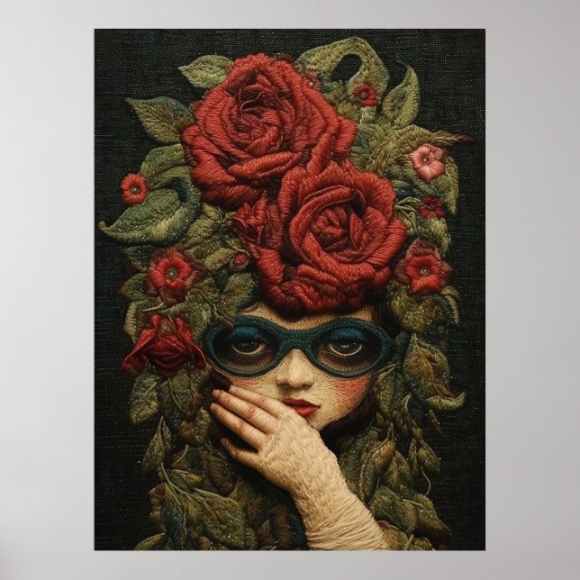 Girl Wearing Goggles and Roses Embroidery Art Poster (Front)