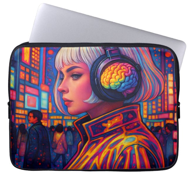Girl Wearing Headphones With Rainbowy Brains Laptop Sleeve (Front)