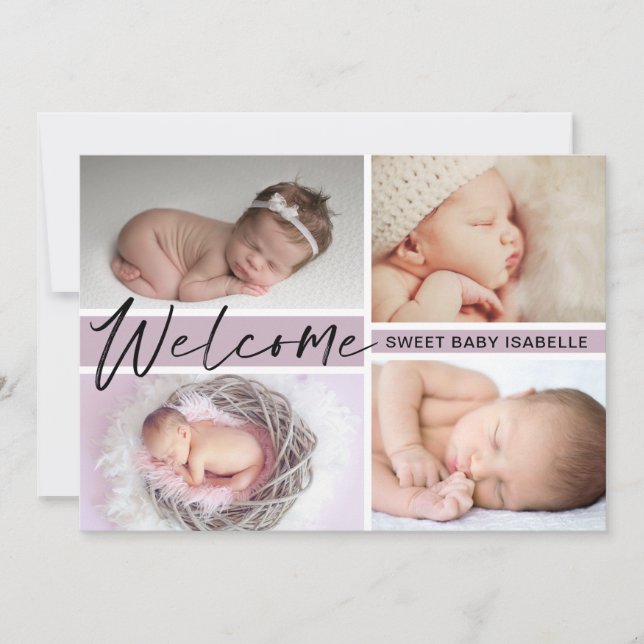 Girl Welcome Sweet Baby Photo Collage Birth Announcement (Front)
