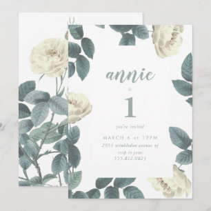 Girl White and Green First Birthday Invitation