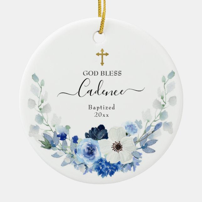 Girl White blue Floral Baptized Ceramic Ornament (Front)