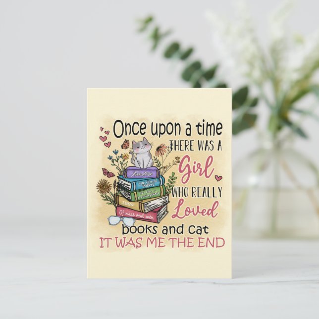 Girl Who Loves Books and Cats Postcard (Standing Front)