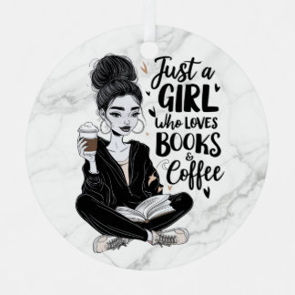 Girl Who Loves Books & Coffee Custom Black & White Metal Ornament