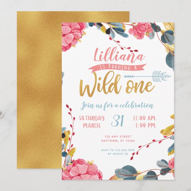 Girl Wild One Boho Floral First Birthday Invite (Front/Back)