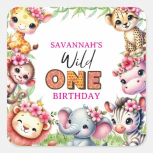 Girl Wild One Jungle Safari Birthday  Square Sticker