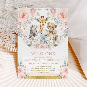 Girl Wild One Jungle Safari Blush Floral Birthday Invitation