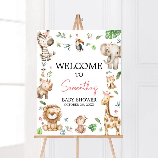 Girl Wild One Safari Baby Shower Welcome Poster (Floral Wild One Safari Animals Baby Shower Welcome Sign)
