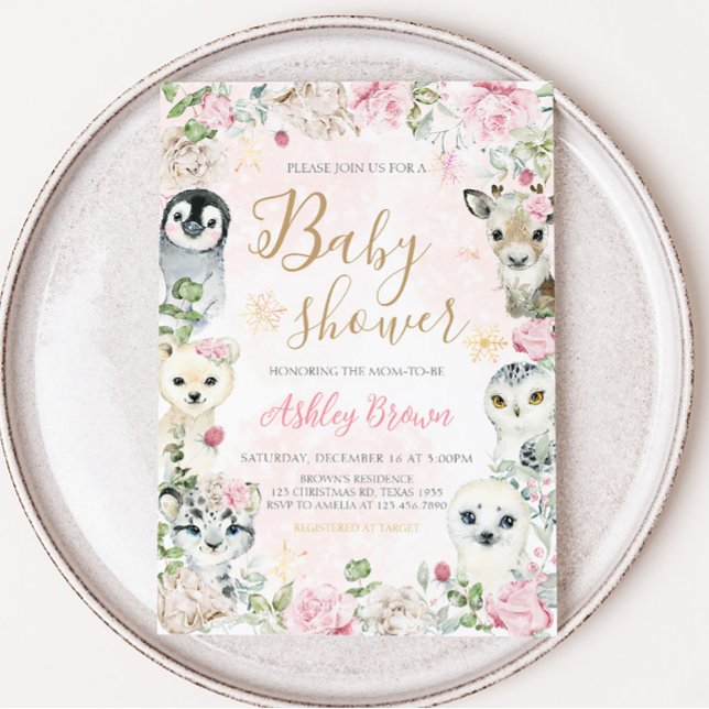 Girl Winter Arctic Animals Baby Shower  Invitation (Floral Winter Wonderland Baby Shower Invitation)