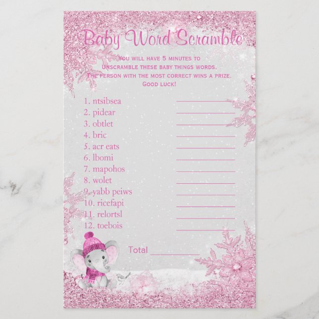 Girl Winter Elephant Baby Shower Games Flyer (Front)