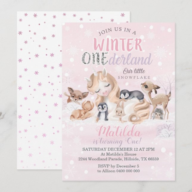 Girl Winter Onederland Invitation Snowflakes (Front/Back)