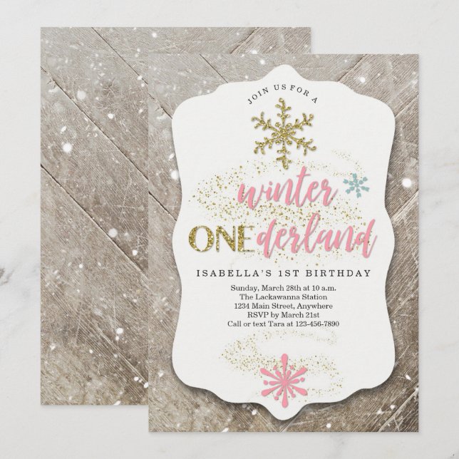 Girl Winter ONEderland Themed First Birthday Party Invitation (Front/Back)