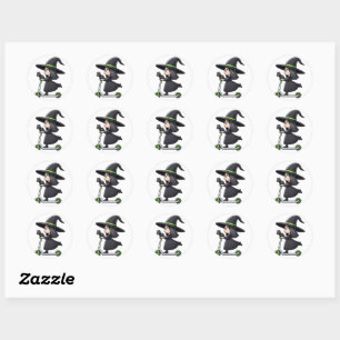 Girl Witch with Cat ridding a Scooter Classic Round Sticker