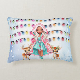 girl with 2 little deer's and Christmas lights Accent Pillow