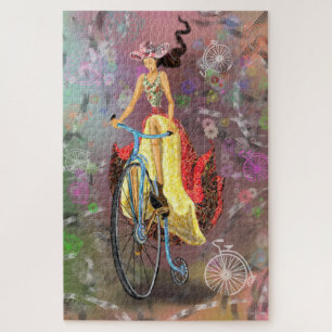 Girl with a Bike Fantasy Fairytale Vintage Drawing Jigsaw Puzzle