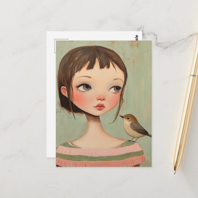 Girl With a Bird on Her Shoulder Postcard (Front/Back In Situ)