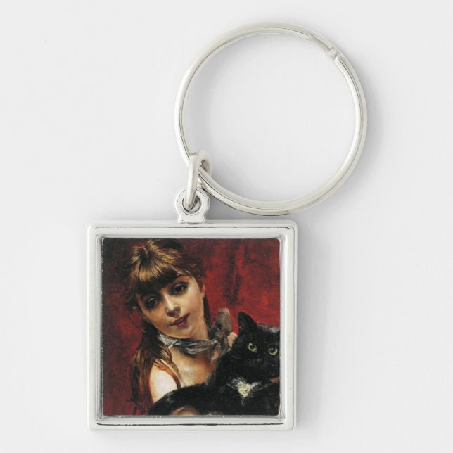 Girl With a Black Cat in Her Arms Keychain (Front)
