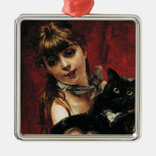 Girl With a Black Cat in Her Arms Metal Ornament