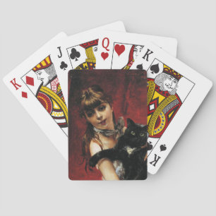 Girl With a Black Cat in Her Arms Playing Cards