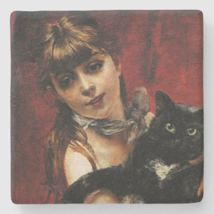 Girl With a Black Cat in Her Arms Stone Coaster