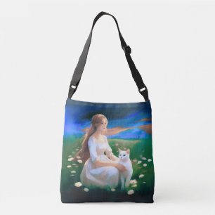 Girl with a Cat in a Meadow at Twilight  Crossbody Bag