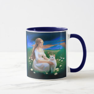 Girl with a Cat in a Meadow at Twilight  Mug