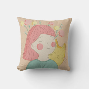 girl with a cat throw pillow