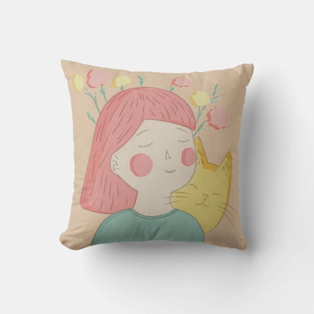 girl with a cat throw pillow (Front)