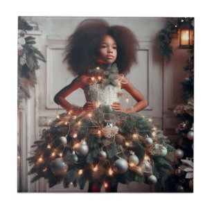 Girl with a Christmas tree dress Tile