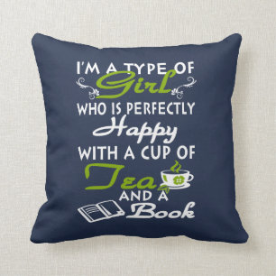Girl with a cup of tea and a book throw pillow