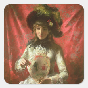 Girl with a Fan Square Sticker
