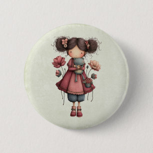 Girl with A Frog Doll Cute Whimsical 2 Inch Round Button