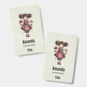 Girl with A Frog Doll Cute Whimsical Badge