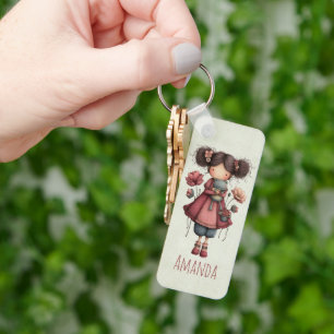 Girl with A Frog Doll Cute Whimsical Keychain