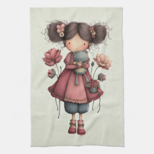 Girl with A Frog Doll Cute Whimsical Kitchen Towel
