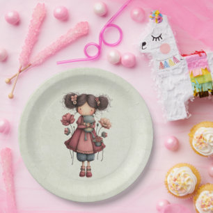 Girl with A Frog Doll Cute Whimsical Paper Plate